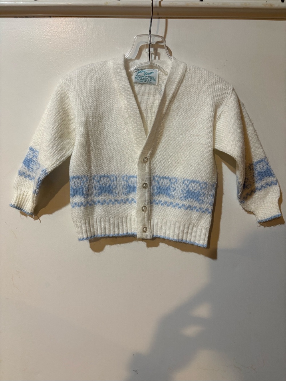 Vintage Cream Cardigan Sweater with Light Blue Pattern